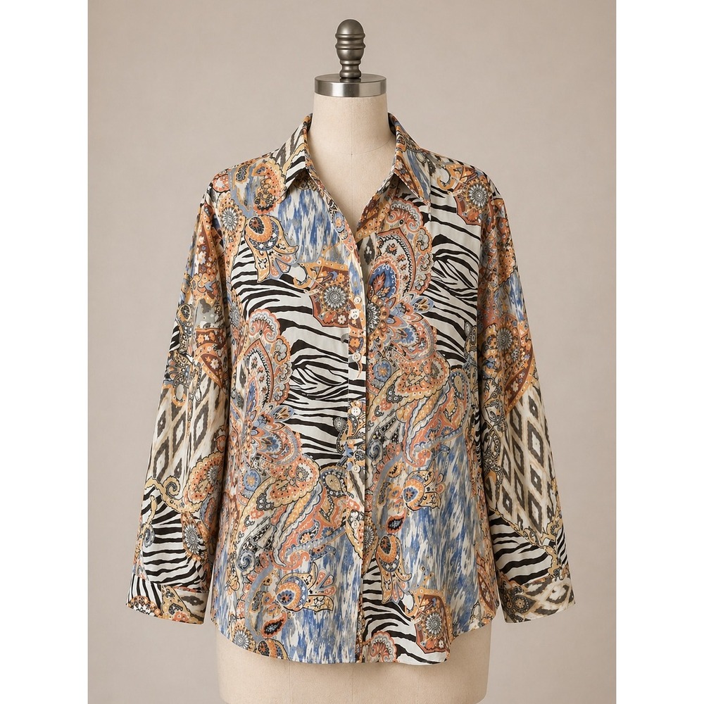 CHICO'S Plus Size No-Iron Button Up Shirt Cotton Mixed Print Paisley Travel Work